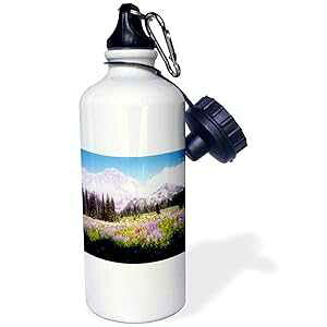 3dRose Mount Rainier Viewed from a Field of Flowers-Mount Rainier National Park Sports Water Bottle, 21 oz, White