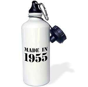 3dRose "Made in 1955-funny birthday birth year text-fun black bday stamp with year you were born-humor" Sports Water Bottle, 21 oz, White