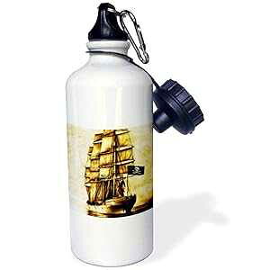 3dRose vintage Pirate Ship with Parrot & Old World Map Sports Water Bottle, 21 oz, Natural