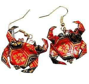 ܂莆JjCOAbhubNS[hJ[AIaK^Mtg Dreamscape Studio Handcrafted Origami Paper Crab Earrings, Red Black Gold Color, Zodiac Cancer Birthday Good Luck Gift