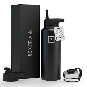 IRON °FLASK IRON FLASK Sports Water Bottle - Wide Mouth with 3 Straw Lids - Stainless Steel Gym & Outdoor Bottles for Men, Women & Kids - Double Walled, Insulated Thermos, Metal Canteen - Midnight Black, 40 Oz