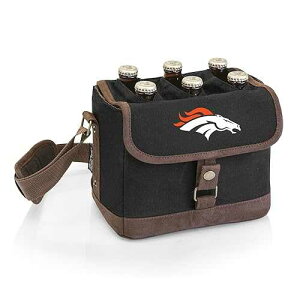 PICNIC TIME NFL Denver Broncos Beer Caddy - Beer Cooler Tote with Opener - 6-Pack Cooler - Gifts for Beer Lovers, Black with Brown Accents, One Size
