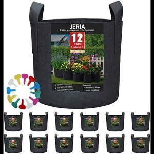 7 Gallons, JERIA 12-Pack 7 Gallon, Vegetable/Flower/Plant Grow Bags, Aeration Fabric Pots with Handles (Black), Come with 12 Pcs Plant Labels