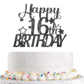 キラキラハッピー16歳の誕生日ケーキトッパースウィート16周年記念こんにちは16歳の男の子の女の子の誕生日パーティーの装飾用品（黒） Talorine Glitter Happy 16th Birthday Cake Topper for Sweet Sixteen Birthday Anniversary Hello 16 Young Boys Gir