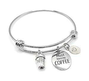 Pammytail Must Have Coffee Charm Bracelet Expandable Bangle in Stainless Steel