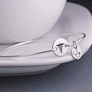 JhDPEX oO uXbg Vo[ Ōtւ̑ƃMtg f`[t wƃMtgAŌwZƃMtg Love, Georgie Caduceus Bangle Bracelet Silver Graduation Gift for Nurse with S