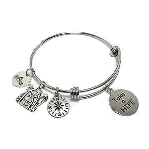 Pammytail Take a Hike Hiking Charm Bracelet with Mountain Compass Backpack Expandable Stainless Steel Bangle