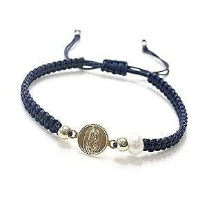 CRUZONE Our Lady of Guadalupe Medal and Dainty Cultured Fresh Father Pearl Adjustable Red String Bracelet Pulsera de la Virgen de Guadalupe para Mujeres (Blue)