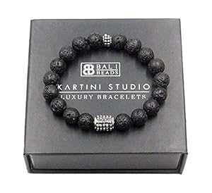 火山溶岩とスターリングシルバーのブレスレット、メンズ溶岩石ブレスレット、バリビーズブレスレット Kartini Studio Volcanic Lava and Sterling Silver Bracelet, Men's Lava Stone Bracelet, Bali Beads Bracelet