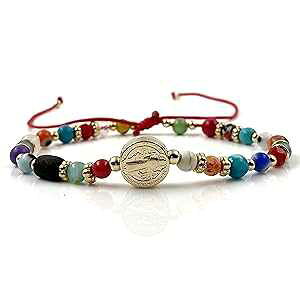 CRUZONE St Benedict Genuine Azabache Jet Stone and Colorful Evil Eye Beads Red String Bracelet for Women