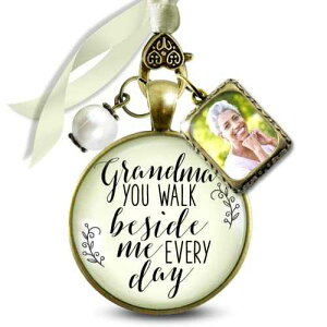 Gutsy Goodness Memorial Bouquet Wedding Charm Grandma You Walk Beside Me Every Day Vintage Bronze Cream Glass Pendant Honoring Grandmother White Bead 1 Frame Loving Remembrance for Bride DIY Photo Template