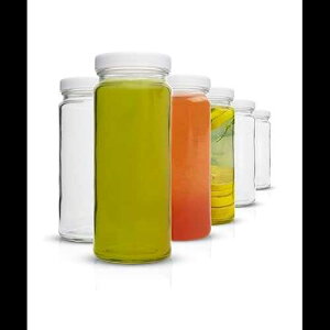 All About Juicing Clear Glass Water Bottles Set - 6 Pack Wide Mouth with Lids for Juice, Smoothies, Beverage Storage - 16 oz, Durable, Reusable, Dishwasher Safe, Leak Proof (White Caps)