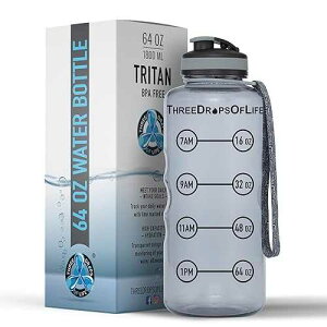 Three Drops of Life 64oz Tritan Plastic Water Bottle, Large, Smoke Gray, High Capacity Hydration Tracker, BPA Free, Reusable, Best for Indoor, Outdoor, Sports Use