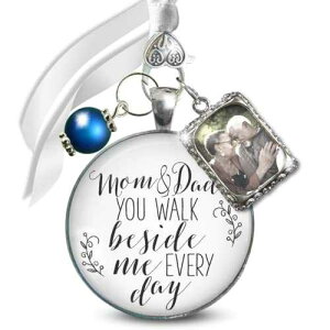 Gutsy Goodness Memorial Wedding Bouquet Charm Mom and Dad You Walk Beside Me Every Day Honor Parents 1 Photo Frame Antique Silvertone White Glass Pendant Something Blue Bead Bridal Flowers Picture DIY Template