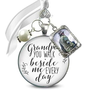 Gutsy Goodness Bouquet Charm for Wedding Grandpa You Walk Beside Me Remembrance Keepsake Antique Silvertone 1 Frame White Glass Jewelry White Bead Loving Memory of Grandfather for Bride's Flowers DIY Photo Template