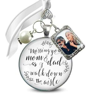 Gutsy Goodness Wedding Bouquet Charms Parents Photos Memorial Missing You Mom and Dad As I Walk Down Aisle Frame Antique Silvertone Pendant Jewelry White Glass White Bead Bride's Flowers DIY Picture Template