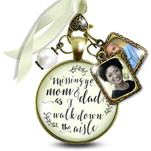 Gutsy Goodness Memory Photo Charms For Wedding Bouquet In Remembrance of Parents Mom and Dad You Walk Beside Me Vintage Bronze Cream Glass Jewelry White Bead 2 Frames Ties to Bride's Flowers DIY Picture Template