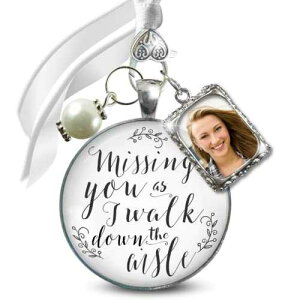 Gutsy Goodness Memorial Wedding Bouquet Charm Missing You As I Walk Down Aisle Honor Anyone 1 Photo Frame Wedding Remembrance Silvertone White Glass Pendant White Bead for Bride F Picture DIY Template