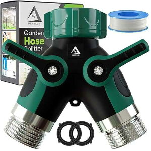 DBR Tech Hose Splitter 2 Way, Heavy Duty Metal Connector, Two Way Garden Hose Splitter, High Flow Spigot Faucet Bib Adapter, Solid Double Y Shut Off Valve for Outdoor Gardening Hoses, Green