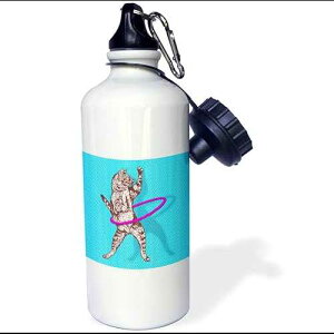 3dRose "Funky Cat Playing With Pink Hula Hoop over Blue Polka dots" Sports Water Bottle, 21 oz, White
