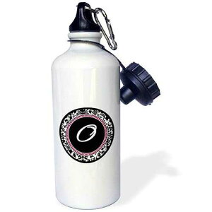 3dRose Letter O stylish monogrammed circle-girly personal initial personalized black damask with hot pink Sports Water Bottle, 21 oz, White