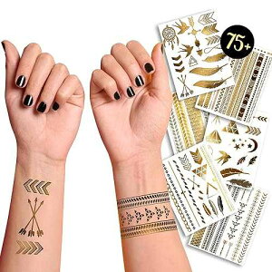 Terra Tattoos Gold Metallic Tattoo Flash Sheets Designs of Stars, Feathers, Moon & more! Face Tattoos for Women Waterproof Nontoxic Long Lasting 75+ Designs for Vacation, Festivals Parties - Gold