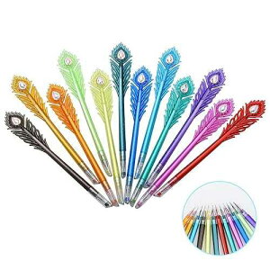 VANZAVANZU Gel Pens - Peacock Feather Pattern Colored Gel Ink Pen with Diamond Tip, 12 Colors Fineliner Coloring Pens Set, 0.38mm Fine Point for Coloring Books, Bullet Journaling