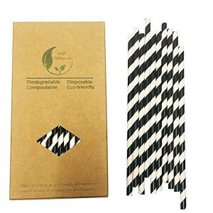 BOFA Eco Tableware Black Stripes Paper Straws, 100 Pack Black And White Striped Paper Drinking Straws Biodegradable Disposable Straws for Restaurants, Juices, Smoothies