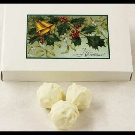 Scott's Cakes ピュアホワイトチョコレートで覆われたオレンジフルーツトリュフ、1ポンドのヤドリギ箱入り Scott's Cakes Pure White Chocolate Covered Orange Fruit Truffles in a 1 Pound Mistletoe Box