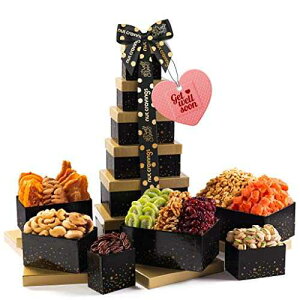Nut Cravings Get Well Soon Gift Basket, Nut & Dried Fruit Tower + Black Ribbon (12 Piece Assortment) Feel Better After Surgery Care Package Variety, Healthy Food Kosher Snack Box for Women, Men, Adults