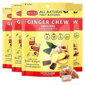 Pocas Original Ginger Chews - Sweet and Zesty Ginger Chew, Individually Wrapped Low-Calorie Snacks, Ginger Candy Made with Pure Cane Sugar, 3 Oz Ea (Pack of 4)