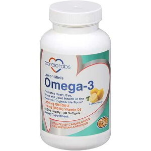 Cardiotabs Omega 3 Lemon Minis + Vitamin D3, 1,100 mg Omega-3 in Triglyceride Form and 600 IU Vitamin D3, Easy-to-Swallow, Fresh Lemon-Flavored Omega-3 Supplement Softgels - 180 Count