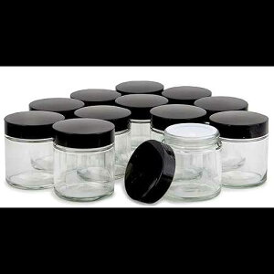 Vivaplex, 12, Clear, 4 oz, Round Glass Jars, with Inner Liners and black Lids