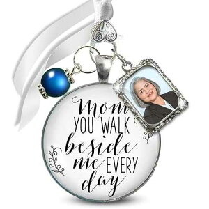 Gutsy Goodness Bouquet Charm Wedding Mom You Walk Beside Me Every Day Remembrance Keepsake 1 Vintage Silver Frame Something Blue Bead White Glass Jewelry Loving Memory Mother for Bride's Flowers DIY Photo Template