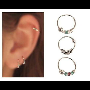 925 Sterling Silver Set of 3 Teany Tiny Single 8mm Hoops for Nose, Helix, Cartilage - Unique Original Beaded Hoops, Bali Hoops, Spiral Hoops Handmade by MiYa Jewelry Creations