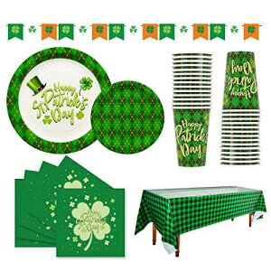 St Patrick s Day Party Supplies Gatherfun Green Shamrocks Green Plaid Disposable Paper Plates, Napkins, Cups, Tablecloth and Banner for Green Irish Party Decorations Serve 30