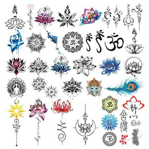 CARGEN 30 �����K�ꎞ�I�ȃ^�g�D�[�Z�b�g Lycoris Radiata Shabda OM ��䶗��@�ۍE���̉H�h���X�e�b�J�[ CARGEN 30 Sheets Yoga Temporary Tattoo Set Lycoris Radiata Shabda OM Mandalas Lotus Elephant Peacock Feather Waterproof Sticker
