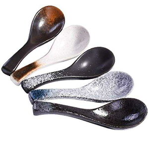 ���{�̃X�[�v�X�v�[�� 5 �Z�b�g�A�X�[�v�A���[�����A���ǂ�p�̃��g���ȃX�^�C���̃X�v�[�� FirstCeramic Japanese Soup Spoons set of 5, Retro Style Spoon for Soup Ramen Noodle Udon