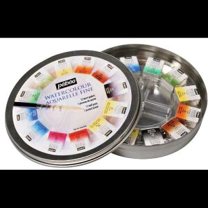 PEBEO 300075 Fine Watercolours Round Metal, Box of 12 Half Pans, 1 Brush and 1 Palette
