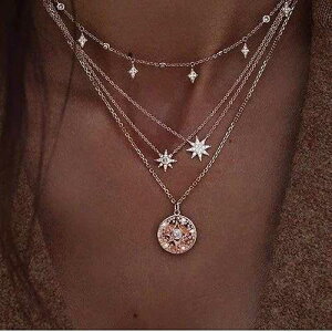 Doubnine DoubleNine Multilayer Necklace Sun Star Golden Crescent Pendant Gold Medal Sequins Women Crystal Necklace Layered Delicate Collar Women Girls Bride Jewelry