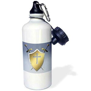 3dRose "Golden Shield with crossed swords and the Christian Cross and background in Gull Gray" Sports Water Bottle, 21 oz, White
