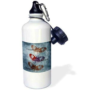 3dRose "Dream, Believe, Achieve Inspirational Words Butterflies" Sports Water Bottle, 21 oz, White