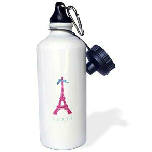 3dRose Hot Pink Eiffel Tower From Paris with Girly Blue Ribbon Bow-White Stylish Parisian France Souvenir Sports Water Bottle, 21 oz, White