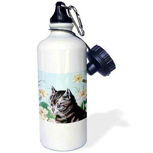 3dRose Cute grey kitten-vintage art tabby cat with sweet blue eyes in garden-white flowers-gray kitty Sports Water Bottle, 21 oz, White
