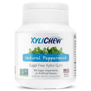 Xylichew 100% Xylitol Chewing Gum - Non GMO, Non Aspartame, Gluten Free, and Sugar Free Gum - Natural Oral Care, Bad Breath and Dry Mouth - Peppermint, 60 Count