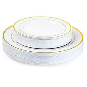 Laura Stein Designer Dinnerware Set of 40 Premium Plastic Wedding/Party Plates: White, Gold Rim. Set Includes 20 10.75" Dinner Plates & 20 7.5 Salad Plates Classic Series