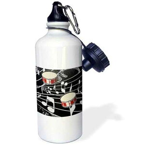 3dRose Red Drums On Music Notes Sports Water Bottle, 21 oz, White