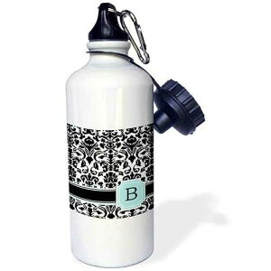 3dRose "Letter B personal monogrammed mint blue black and white damask pattern-classy personalized initial" Sports Water Bottle, 21 oz, White
