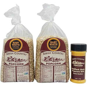 Amish Country Popcorn Variety Bundles 4 lb Baby White Popcorn Kernels and 6 oz BallPark Style ButterSalt Set Old Fashioned, Non-GMO and Gluten Free