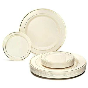OCCASIONS FINEST PLASTIC TABLEWARE  OCCASIONS  120 Plates Pack, Heavyweight Premium Disposable Plastic Plates Set 60 x 10.5'' Dinner + 60 x 6.25'' Dessert/Cake Plates (Ivory & Gold Rim)